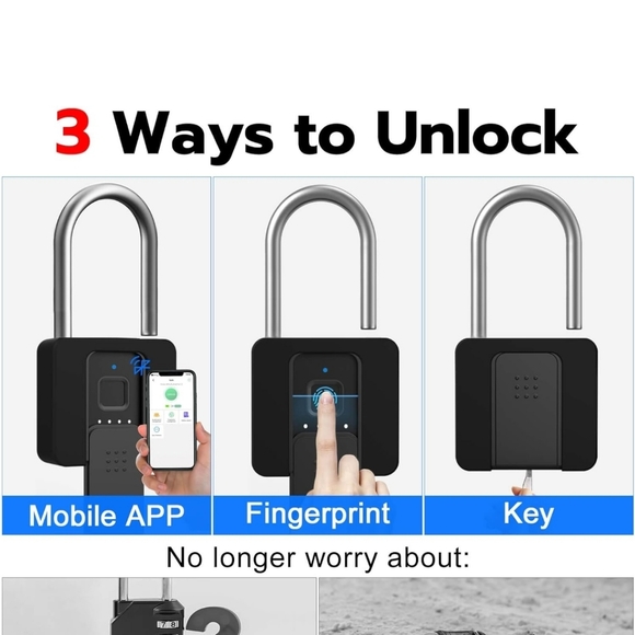 Fingerprint Padlock Key Backup Weatherproof Biometric Bluetooth New - Picture 2 of 7